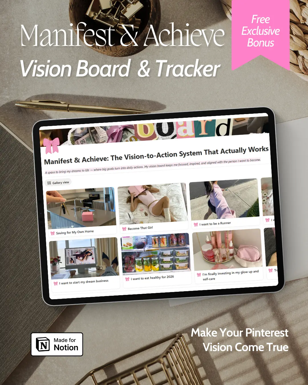 pink aesthetic mockup of a Notion template combining a vision board, daily tracker, and goal framework to manifest goals and stay organized